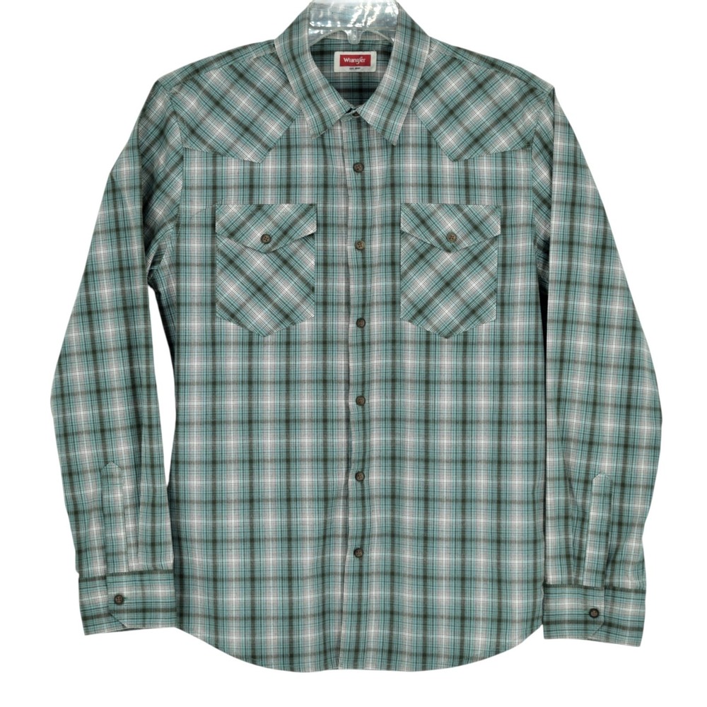 Wrangler Authentics Slim Fit Mens M Green Plaid Western‎ Button Up Shirt Stretch